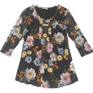 Timeson Womens Sz L Multicolor Floral Sheer Pleat Babydoll 3/4 Sleeves Boho Y2K